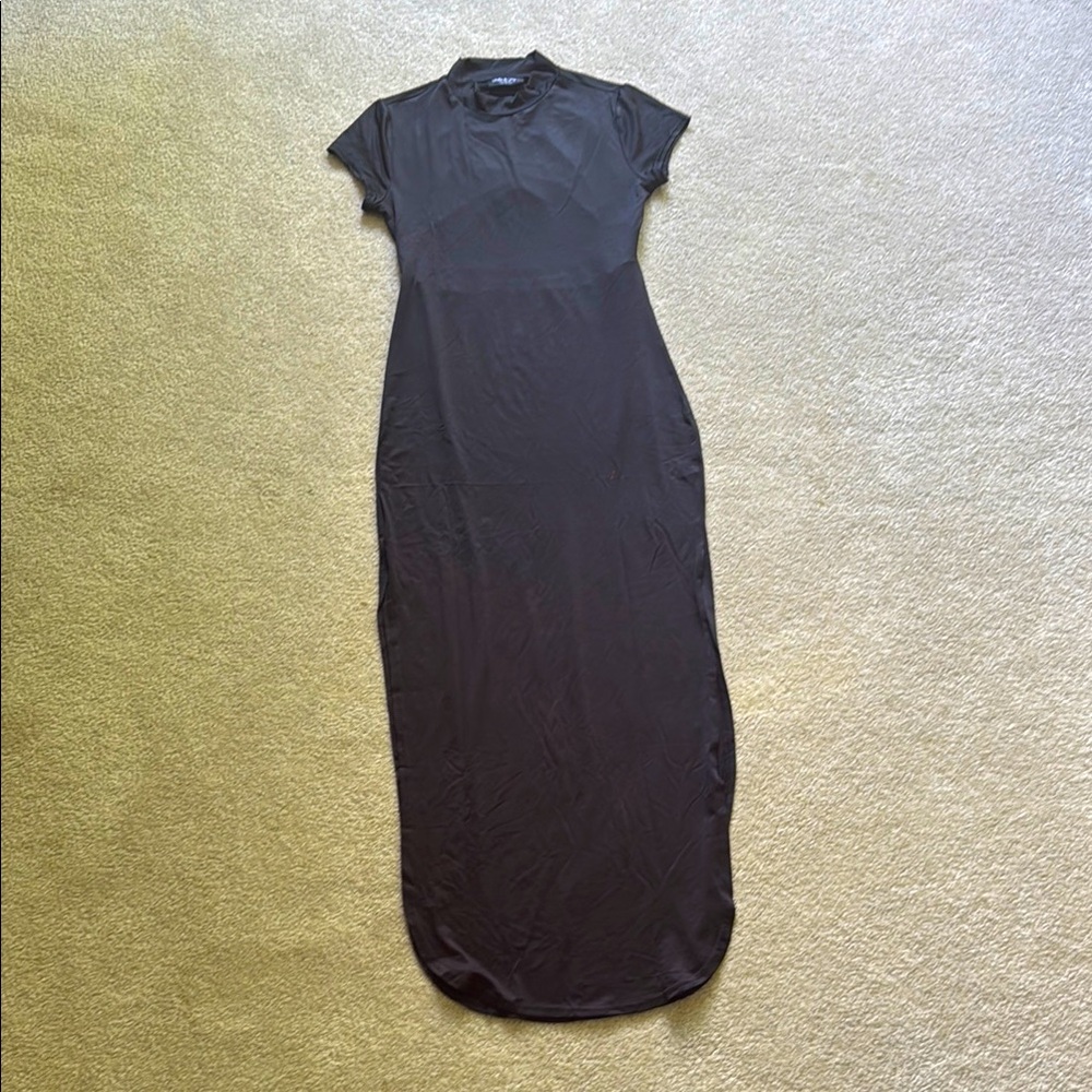Fashion Nova Black Sheath Maxi Dress with Cap Sleeves Open Back